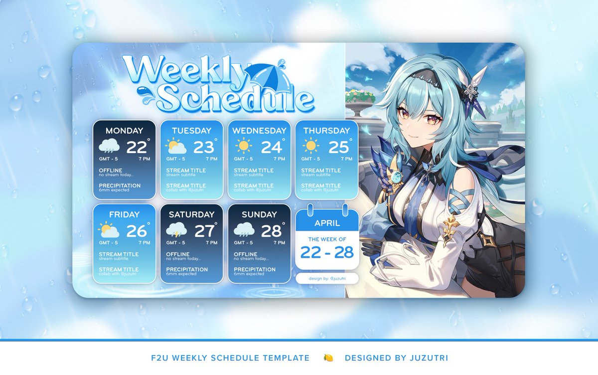 ˗ˏˋ ꒰ F2U schedule template🍋 ꒱ ˎˊ-       

free to use weekly schedule that celebrates april showers that brings may flowers (٥*˘▿˘) ﾞ☂･｡°･ˇ❀

♡ + ↻ appreciated  - #VTuberAssets #FreeToUse #F2U #ENVtuber #Vtuber #VGenChallenge 

download link to my ko-fi is below ↓