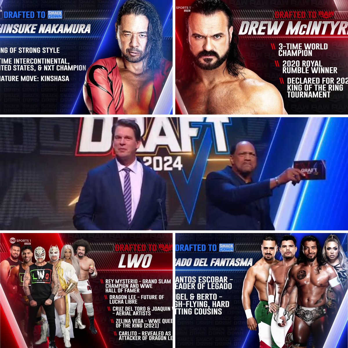 #APA presenta a los drafteados #CARLITO #ZELINAVEGA #CRUZDELTORO #JOAQUINWILDE y el peor amigo y padre de todos #REYMYSTERIO... se van a #RAW y #LEGADODELFANTASMA A #SMACKDOWN.
#DREWMCINTYRE se queda en la marca roja y #ShinsukeNakamura cambia a la azul #wwedraft