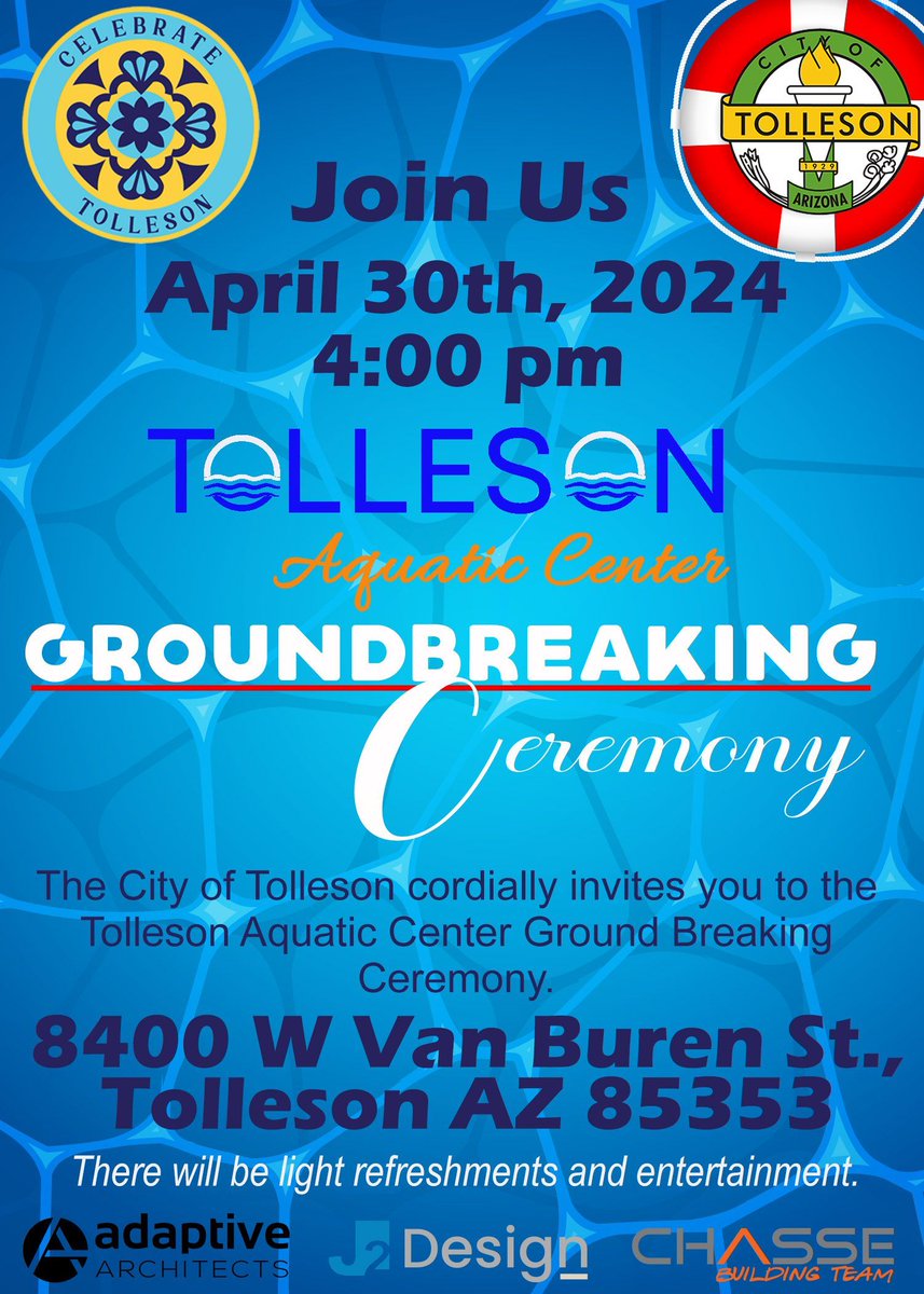 Tomorrow is the Big Day! Are you ready to break ground with us at the new Tolleson Aquatic Center? 📅 Tuesday, April 30th 🕓 4:00-6:00 PM 📍 8400 W. Van Buren St. Meet us on the vacant parcel directly west of the Tolleson Police Department. tolleson.az.gov