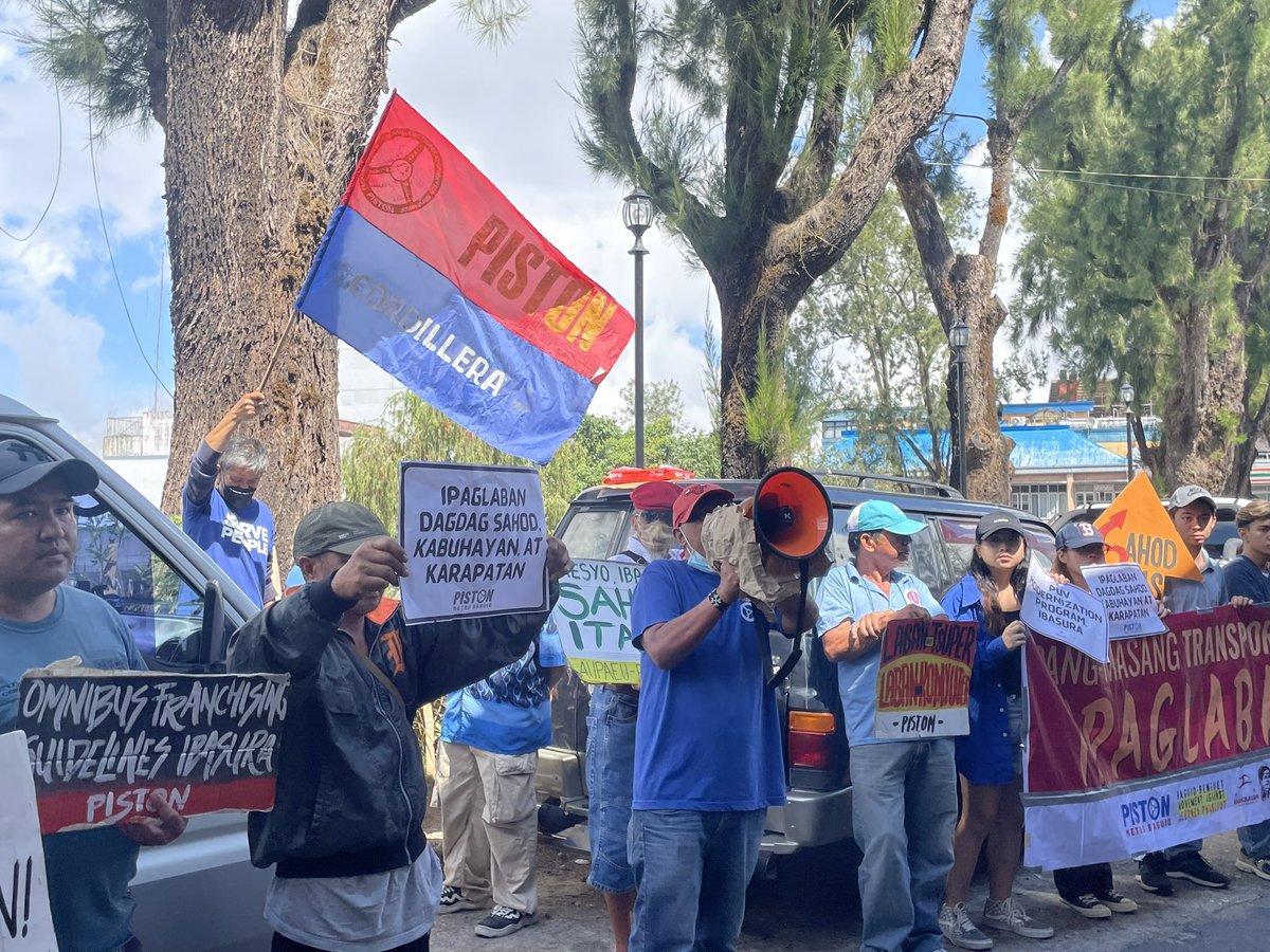 NOW HAPPENING: After the transport caravan, the transport groups, along with progressive organizations, stage a protest action outside the Transportation Office-Baguio, April 30.

#NoToJeepneyPhaseout 
#PUVMPIbasura
