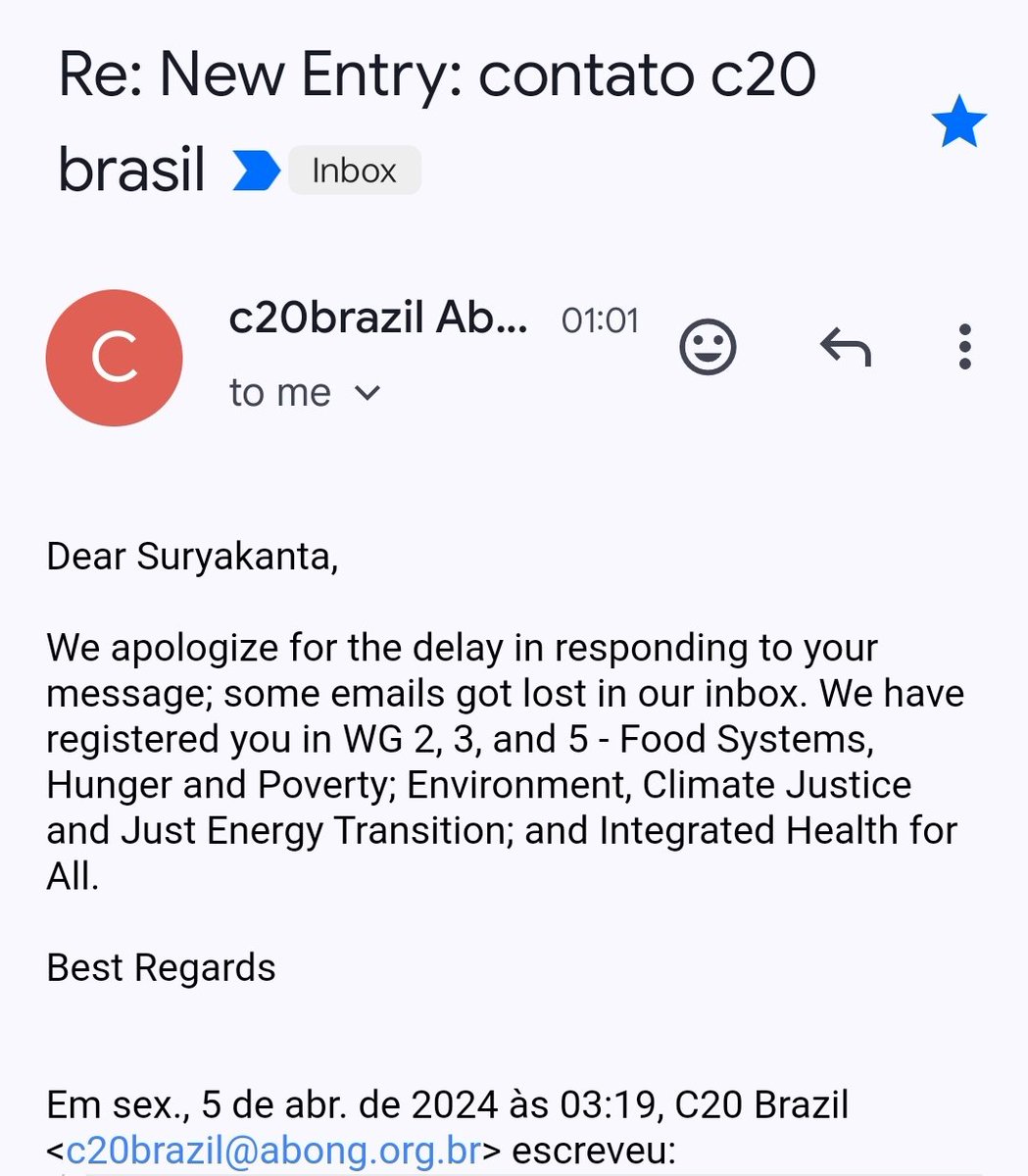 Late entry in @g20org Brasil, 2024!
Somehow I missed the March 1st deadline to participate in @c20brasil, anyway decided to send an email with details of my participation in G20 India (2023) & G7 Italy (2024). Today I received a reply from C20, I am included in 3 Working Groups.