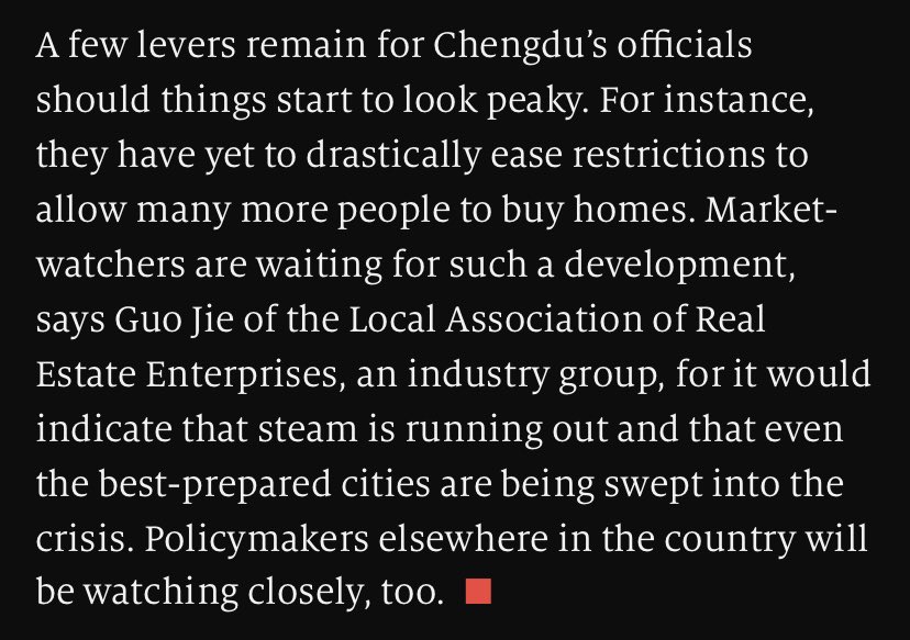 Chengdu has had one of the healthiest housing markets in China. As I wrote last year, the removal of purchase restrictions there would be viewed as a very negative signal not just for the local market but for China overall. The restrictions were just removed…