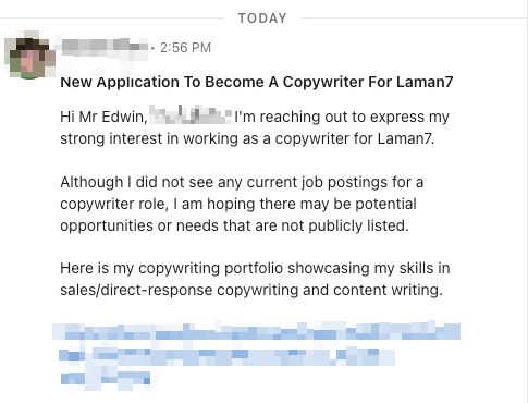 How to Get Hired as a Copywriter or Any Creative Field

I received DM asking for work. It was straightforward, but missing three main ingredients.

1. Personalisation
2. Result
3. Process
