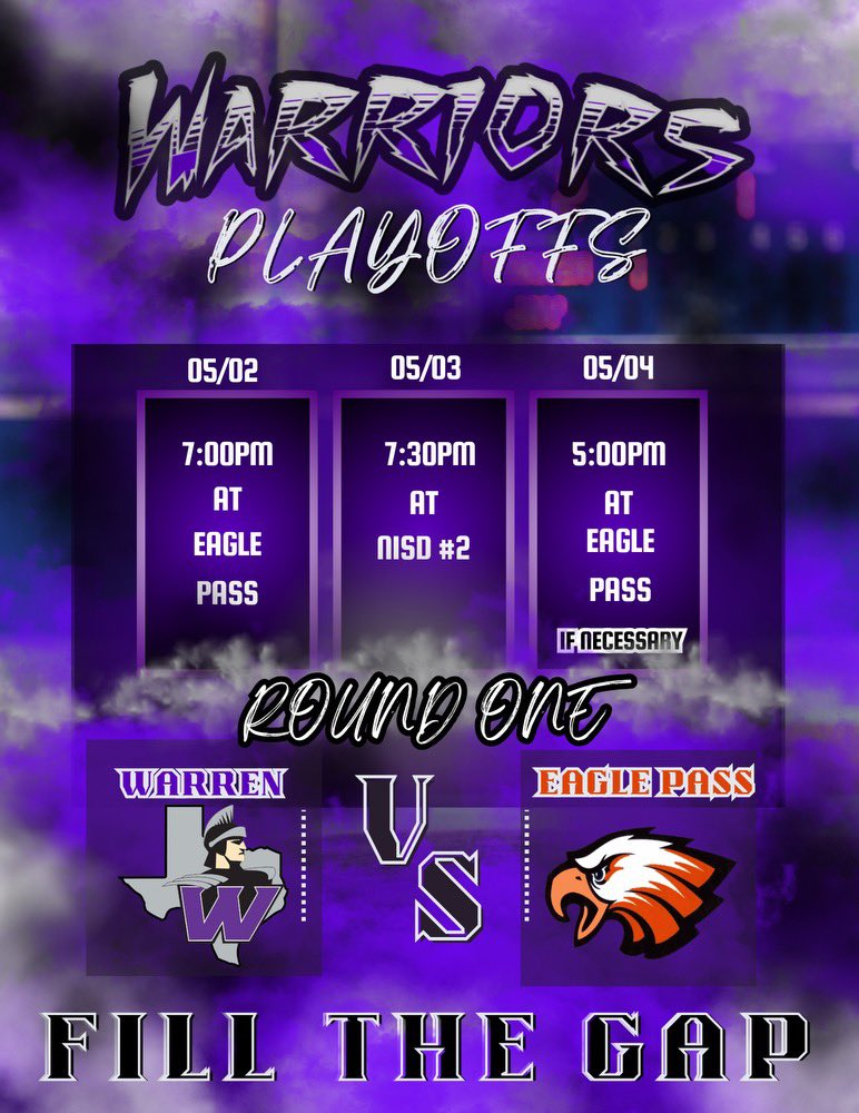 Playoffs Round 1 all set! Will update with streaming information when we have it! Let’s pack the stands on Friday at Northside #2 and support your Warriors playoff run!!!