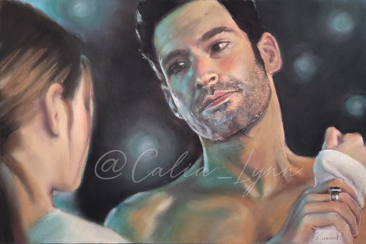 #Lucifer's cocky mood does a 180 when Chloe touches his wing scars. He grabs her arm & says 'don't, please'. #Vulnerable, he quickly decides to get dressed.  #LuciferNetflix #ManlyWhatnots (S1E4) 15'x10' #chalkpastels #Lucifanart #Lucifanartprompts #Deckerstar #TomEllis #naked