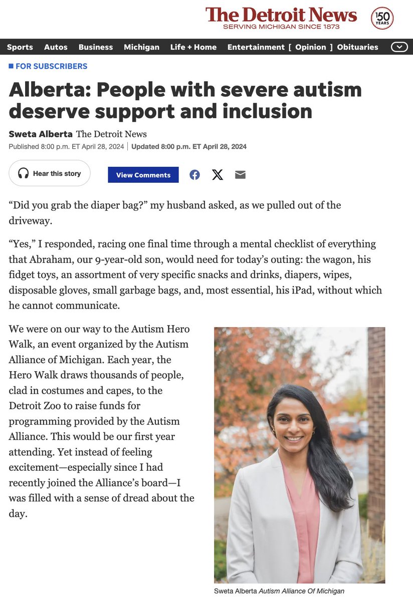 I'm so proud of my wife for going public w/ something we've been private about—our precious son, Abraham, and the systemic inequalities that keep profoundly autistic people like him living in the shadows of society. Her op-ed in today's @detroitnews ($): detroitnews.com/story/opinion/…