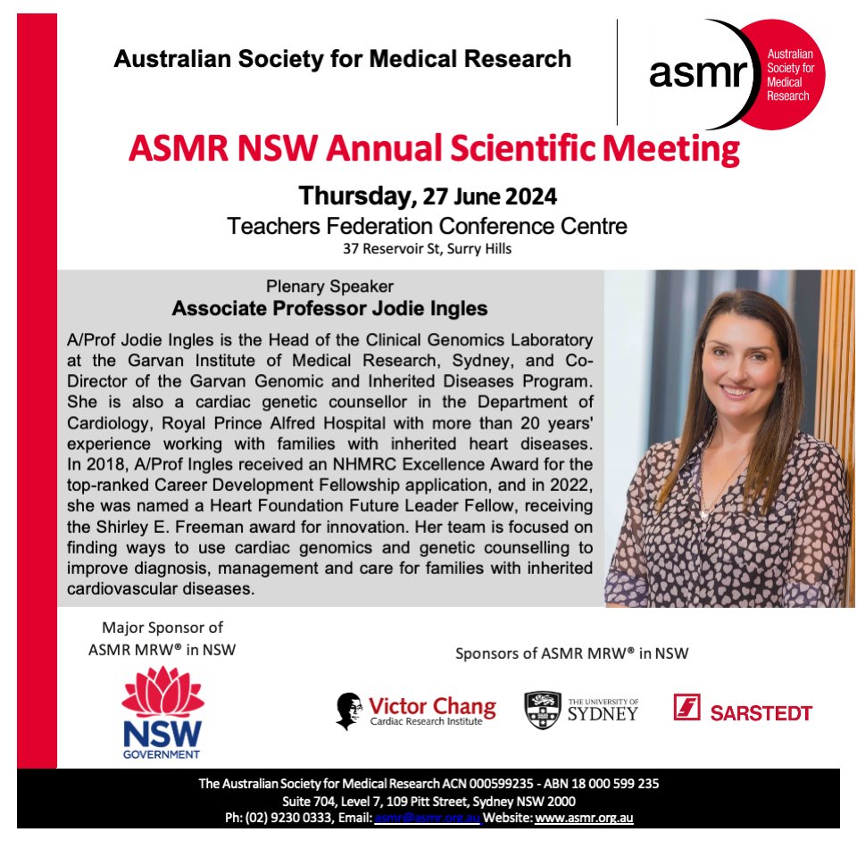 Calling all the health and medical researchers in NSW! A/Prof @jodieingles27 will be speaking at the ASMR NSW ASM. Register online to mingle and network with fellow researchers. Abstract submission closes 10th May. asmr.org.au/register/NSW/ #ASMRNSWASM2024 #ASMRMRW2024