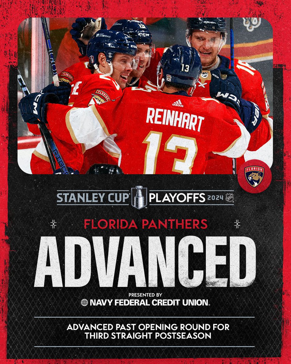 The @FlaPanthers are the second team to advance to the Second Round of the 2024 #StanleyCup Playoffs. #NHLStats: media.nhl.com/public/live-up…