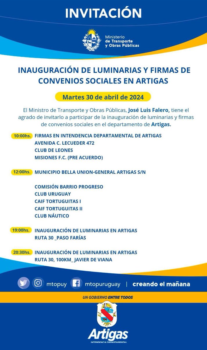 Valentina Dos Santos (@vds2525) on Twitter photo Mañana se inauguran las tan necesarias luminarias en la ruta en Paso Farias y Javier de Viana, gracias Presidente <a href="/LuisLacallePou/">Luis Lacalle Pou</a> , <a href="/AlvaroDelgadoUy/">Alvaro Delgado</a> , Ministro <a href="/JLFalero/">José Luis Falero</a>
Artigas Adelante Siempre!!! Mañana se inauguran las tan necesarias luminarias en la ruta en Paso Farias y Javier de Viana, gracias Presidente <a href="/LuisLacallePou/">Luis Lacalle Pou</a> , <a href="/AlvaroDelgadoUy/">Alvaro Delgado</a> , Ministro <a href="/JLFalero/">José Luis Falero</a>
Artigas Adelante Siempre!!!