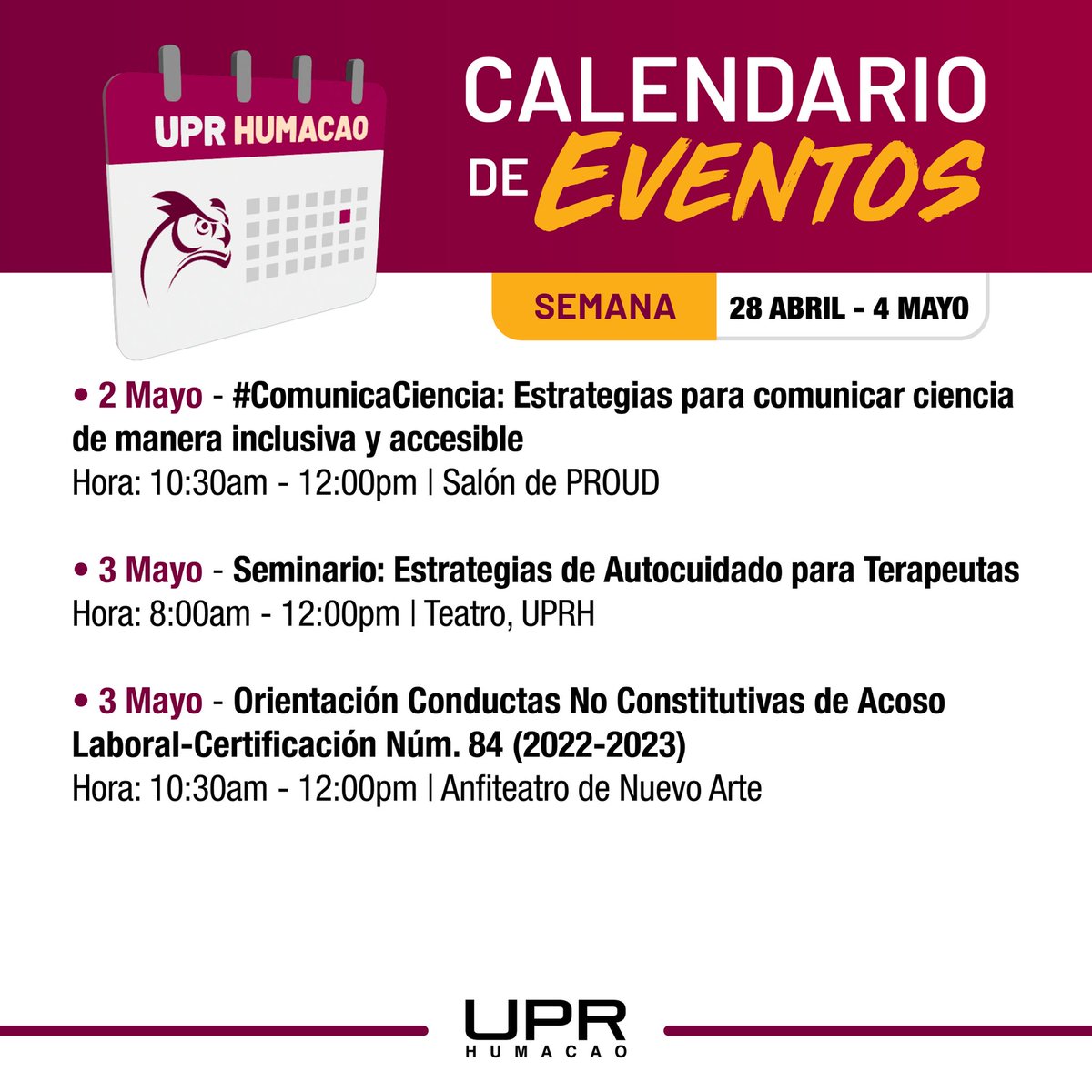 📌La oficina de Prensa comparte el calendario de actividades para la semana del 28 de abril al 4 de mayo de 2024. 

#SiempreBúhos