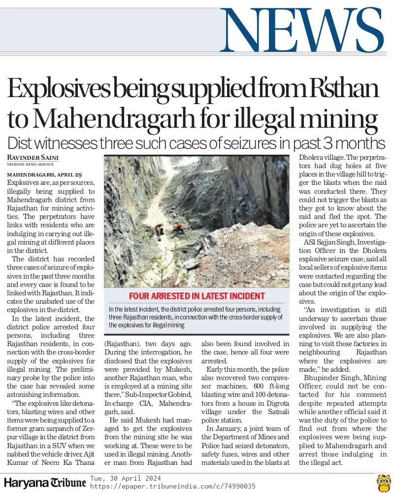 Explosives being supplied to Mahendragarh from Rajasthan for illegal mining 
#CriminalNexus #IllegalMining #Mahendragarh #Haryana #TheTribune