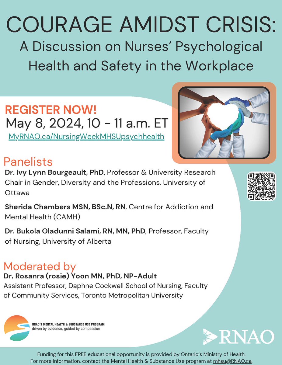We need to come together on a way forward to support Nurses' Psychological Health & Safety in the Workplace. Join me to hear Panelists @DrIvyBourgeault @BukolaKSalami & Sherida Chambers. Hoste by @RNAO Register➡myrnao.ca/nursingweekmhs…