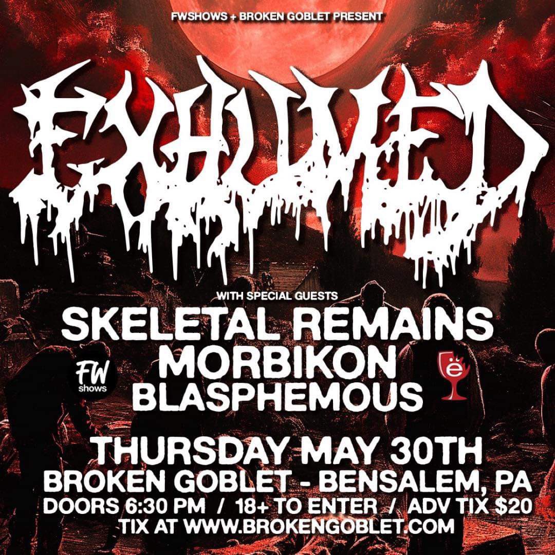 We’re one month away from this. Exhumed is about to start the Decades Decayed tour, & we open the 5/30 show in Bensalem PA at Broken Goblet Brewing.We’re playing new stuff too #DeathMetal #BlackMetal #GoreMetal #Exhumed #SkeletalRemains #RelapseRecords #Tankcrimes #CenturyMedia