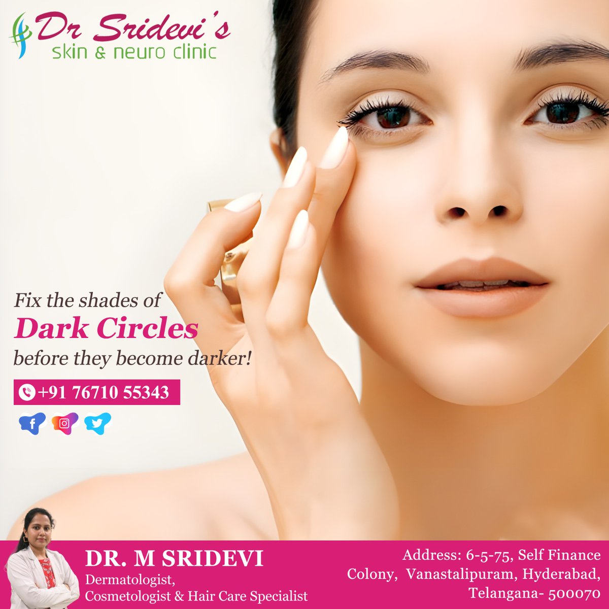 Prevent worsening #darkcircles by prioritizing #sleep, #hydration, healthy diet, and managing stress. Protect your eyes for vibrant health.

#drsridevi #skin&neuroclinic #dermatologist #cosmetologist #haircarespecialist #dermatology #skincare #haircare #beauty #skinspecialist