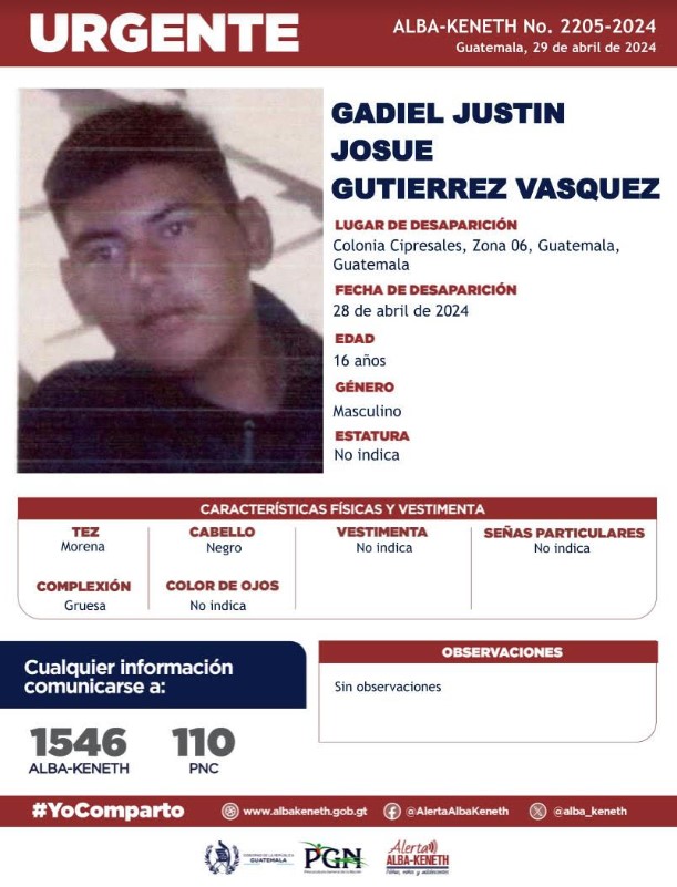 #AlertaAlbaKeneth⚠️| Gadiel Justin Josue Gutierrez Vasquez de 16 años de edad. Desapareció el 28 de abril de 2024, en Colonia Cipresales, Zona 6, Guatemala, Guatemala. 🔁Comparte y ayúdanos con su localización. 📞Si tienes información llama al 1546. #YoComparto