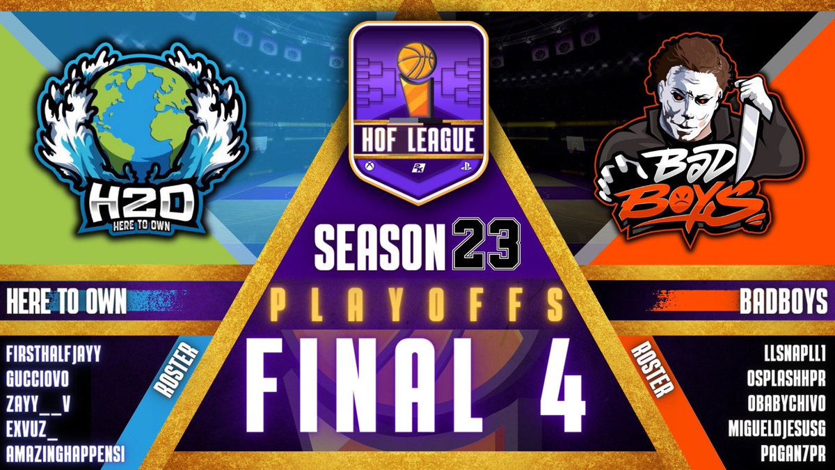 🏆 Season 23 Playoffs FINAL 4 BO3 

🏀 <a href="/HereToOwn_/">H2O Gaming💧</a> 

<a href="/FirstHalfJayy/">🧍🏽‍♂️</a>  
<a href="/Gucciovo/">G ☆</a> 
<a href="/Zayy__v/">Zayy</a> 
@exvuz_ 
<a href="/AmazingHappensI/">Mike 2️⃣3️⃣</a>

📺POV: twitch.tv/yoexvu

VS

🏀 <a href="/BadBoys2kEsport/">BAD BOYS ESPORTS 2k</a> 

<a href="/llSnapll1/">llSnapll1</a>
<a href="/oSplashhPR/">HI IM SPLASH 🎮🇵🇷</a>
oBabyChivo
@Migueldjesusg
@Pagan7pr

📺 POV: twitch.tv/litzdj

🚀 11:45 PM
