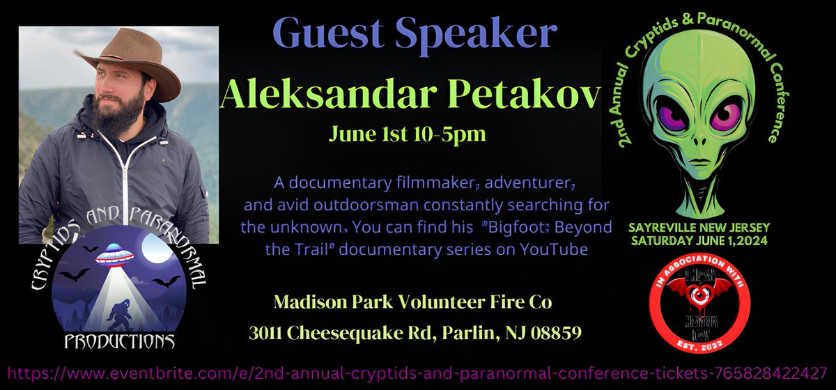 Aleksandar Petakov
Just another one of the Great speakers that will be at the
2nd Annual Cryptids and Paranormal Conference
Get Tickets now for June 1st.
eventbrite.com/e/2nd-annual-c… 

#bigfoot #cryptid #CryptidFactor #paranormal #NJevents #ghosthunting #AleksandarPetakov #Ghosts