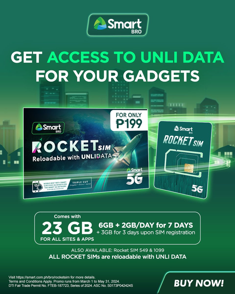 Rocket your way to UNLI DATA with Smart Bro Rocket SIM 🚀 Comes with 23 GB of open access data for all your gadgets, reloadable with UNLI DATA on any Smart loading channel. Get yours for only ₱199 at the Smart Online Store: smrt.ph/rocketsim199tw