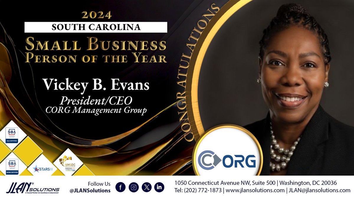 Congratulations to Vickey Evans, President of CORG Management Group LLC, a #WOSB and #8a, for being honored with the Small Business Person of the Year Award! Congrats to all the National Small Business Week awardees!
Join @SBAgov  in celebrating #NationalSmallBusinessWeek!