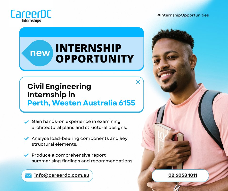 🤚🏻HOLD UP!🛑  A top-notch company, using its specialised skills to quickly develop and engineer high-quality, efficient, large-scale projects in Perth, is currently on the lookout for a civil engineering intern! 

Submit your resume to 📧 info@careerdc.com.au #careerdc