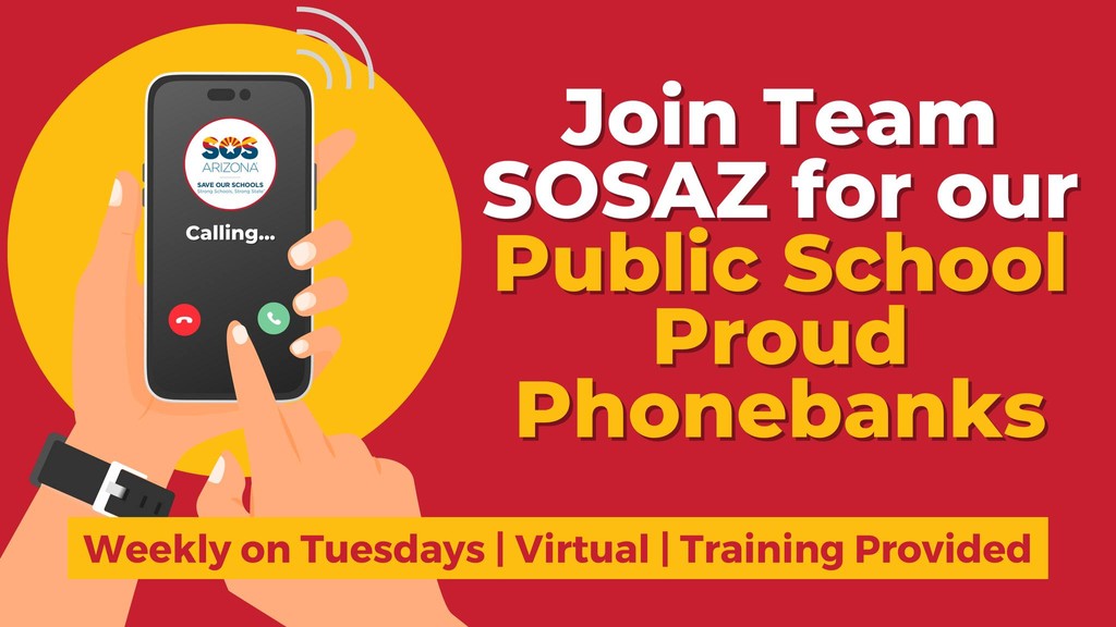 📲 Join #TeamSOSAZ Tuesday from 5:30-7:00pm as we call voters in support of AZ public schools! Never made calls before? That's okay! We will provide training and guide volunteers through this important work. Register here: l8r.it/RP4P