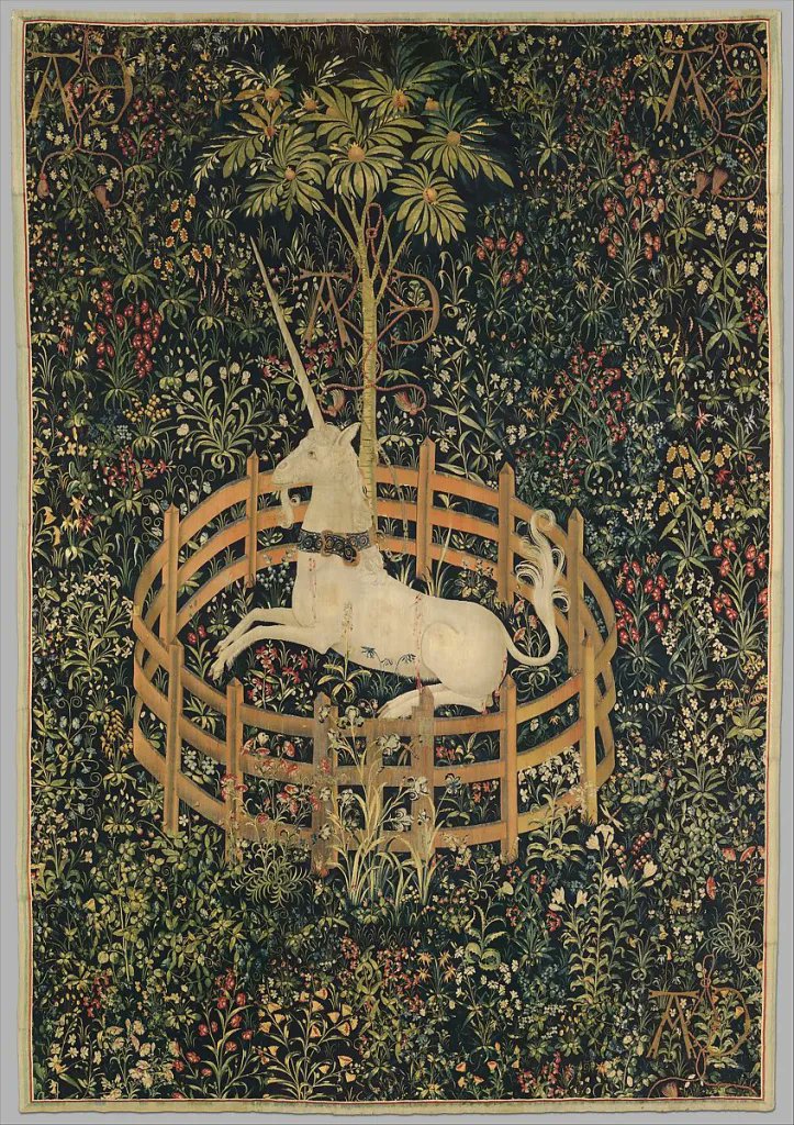 Save me tapiz medieval de un unicornio