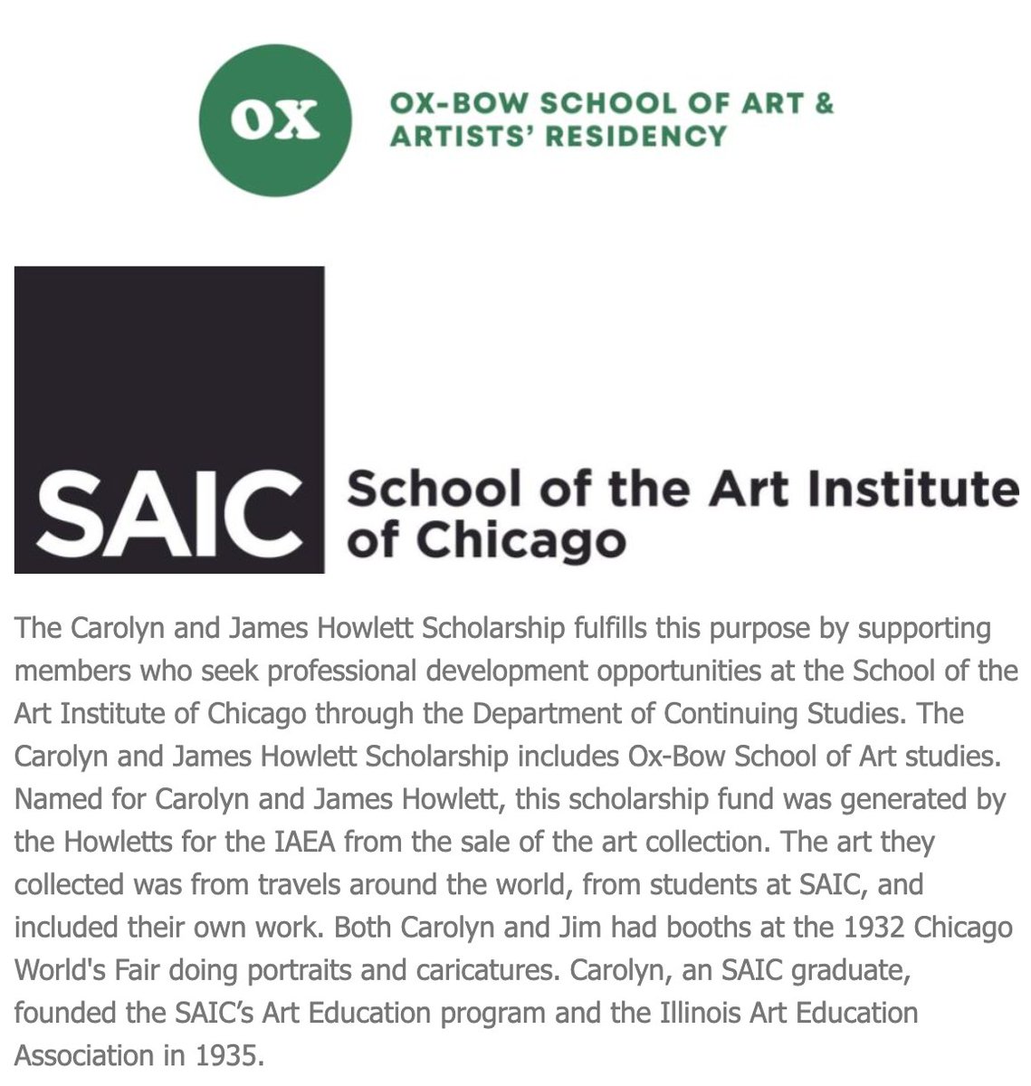 The Carolyn and James Howlett Scholarship fulfills this purpose by supporting members who seek professional development opportunities at the School of the Art Institute of Chicago through the Department of Continuing Studies. ow.ly/ffw750RaQhi