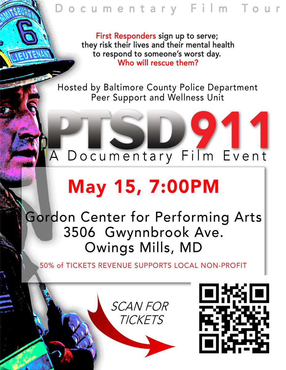 🎥#BCoPD's Peer Support & Wellness Team invites you to see the award-winning documentary @PTSD911 on May 15 at the Gordon Center in Owings Mills. Tickets are $10, and half of the proceeds benefit the #BCoPD Assistance & Relief Fund. Info: ow.ly/Ehrw50RheZl #PTSD