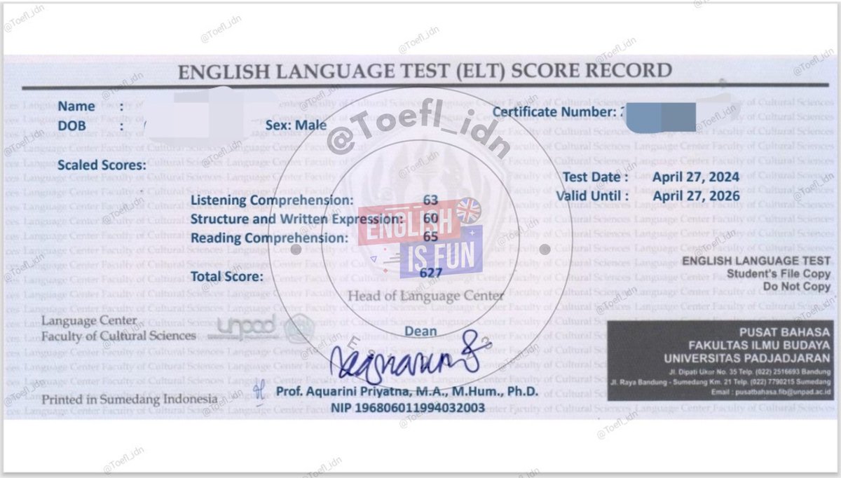 28. Joki English Language Test (ELT) Unpad
Ujian April 2024
Skor: 627 ✨