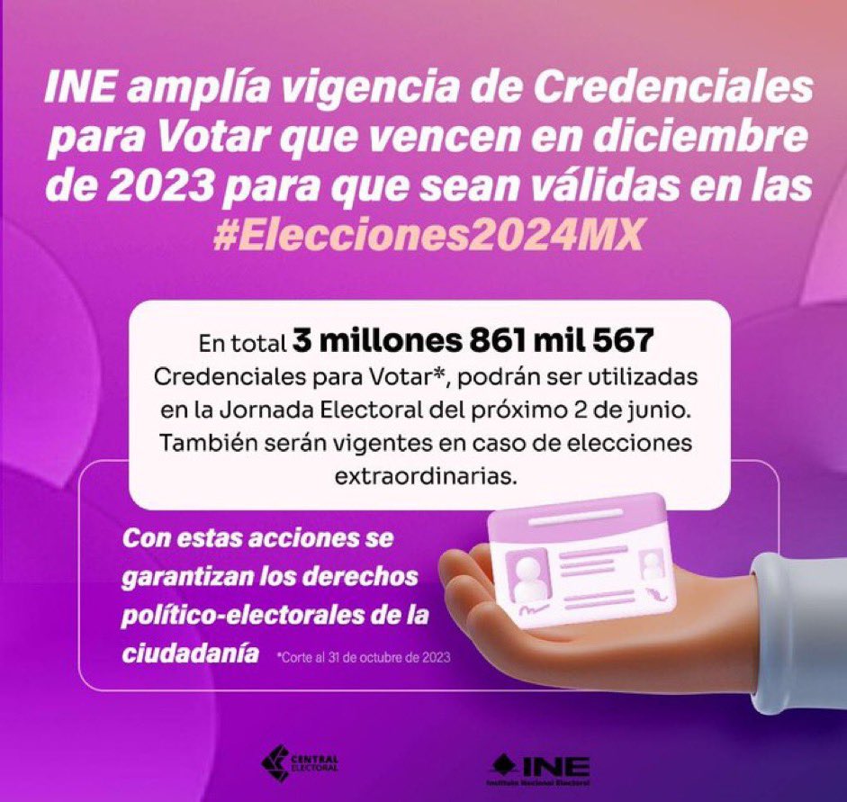 🙋🏻‍♂️🙋🏼‍♀️ Para garantizar los derechos político-electorales de la ciudadanía, el INE amplía la vigencia de Credenciales para Votar que vencen en diciembre de 2023 para que sean válidas en las #Elecciones2024MX. 🗳️ ine.mx #Vota2Junio #ElINEEstáListo