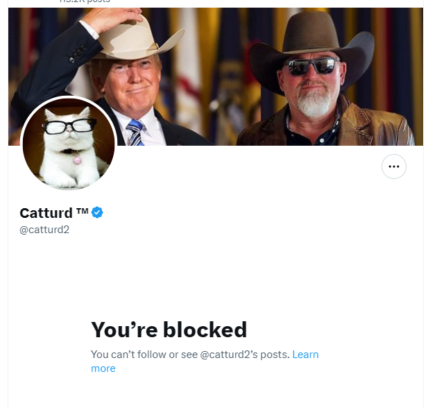 Never thought I'd be typing these words: Fuck @catturd2. He (or a minion) blocked me for this: 'he's taking himself too seriously now... just lost his sarcastic edge and sense of humor.' Or perhaps for stating I'm not a member of the Church of Catturd?