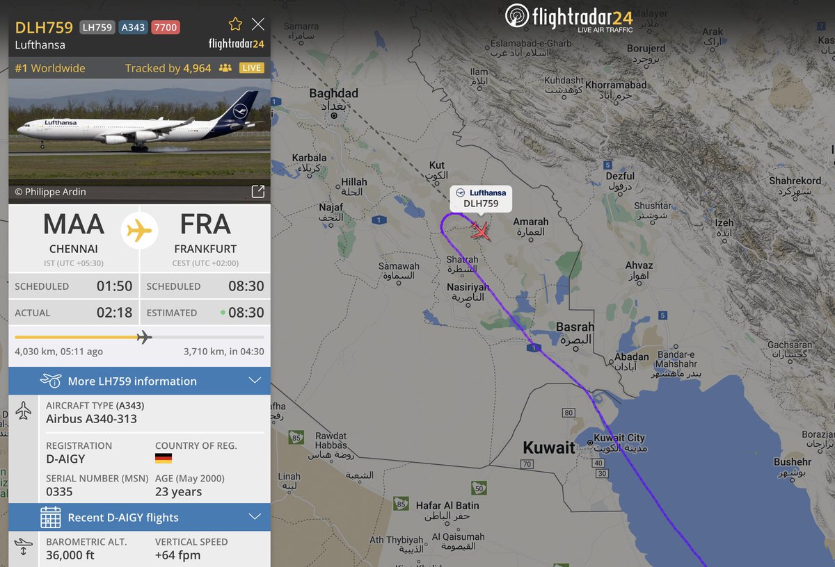 #LH759, Chennai-Frankfurt, making a 180° turn over Iraq, squawking 7700. Reason not yet know. flightradar24.com/DLH759/34fce3cd For more information on ‘Squawking 7700’ please see flightradar24.com/blog/squawking…
