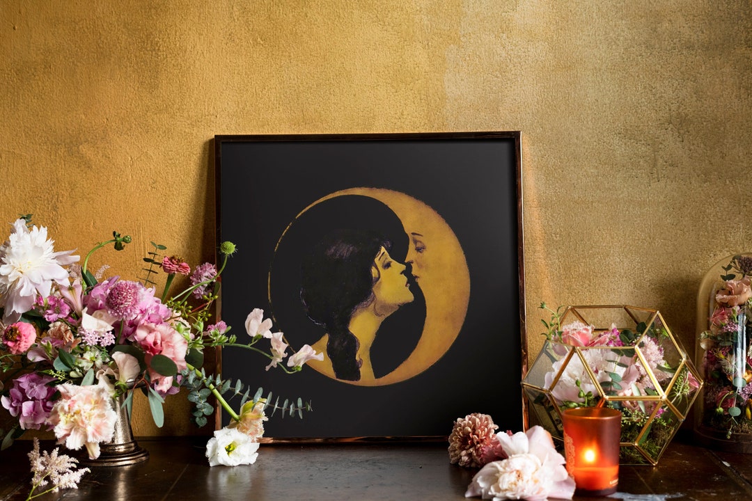 Woman Kissing Moon - Art Nouveau Moon Print - Moon Goddess Art Deco - Moon Print Square - Dark Beige and Gold by DesignBohemian etsy.com/listing/152895… #interiordecor #interiorinspo #interioraesthetic #gallerywall #hippiedecor #bohemian #vintagedesign