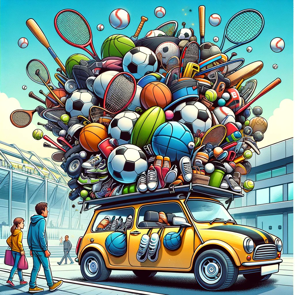 Sporty adventure on wheels! 🚗⚽🏟️ A tiny car packed with sports equipment, ready for an epic game day! Don't forget anything at home! 😂 #GameDayFun #SportyCar #ComicIllustration #SportsGear #PackedAndReady