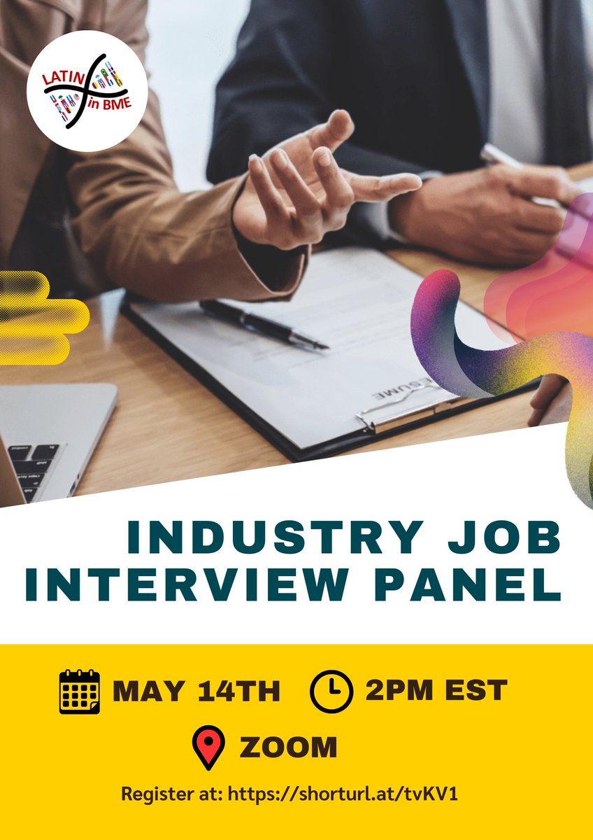 We are excited to invite you to our Industry Interview Panel on May 14th at 2pm EST! Please register to hear from our speakers Jorge Barter, Melissa Mendoza-Seale, Franklin Mejia (@Franklinmejiafr), and Jorge Jimenez(@arcoiris_phd)! Registration link: shorturl.at/tvKV1