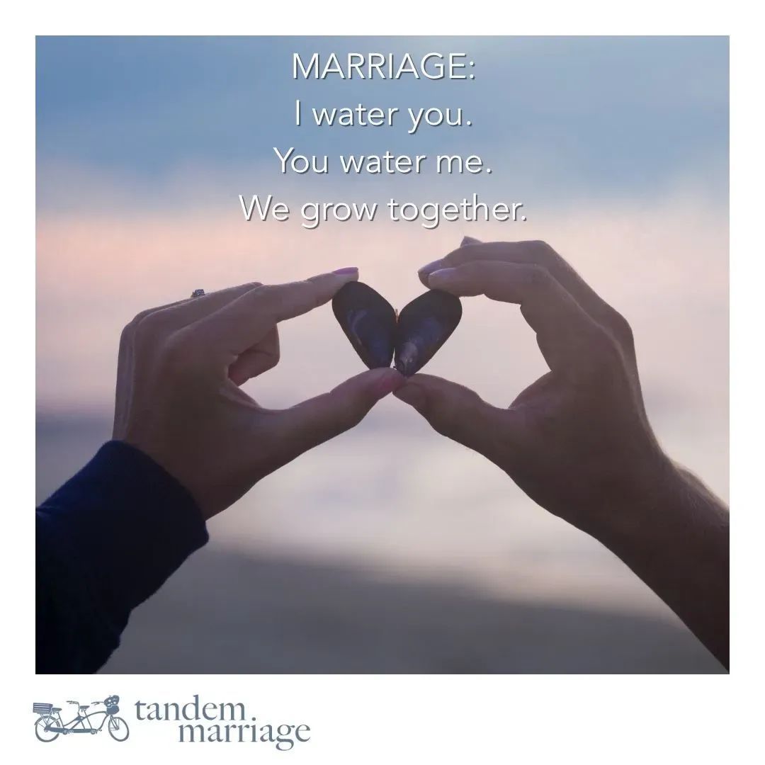 MARRIAGE:
I water you.
You water me.
We grow together.

Once you are married, you will spend the rest of your life learning how to replace ME with WE. It’s harder than it sounds and better than you could ever imagine!
 
TandemMarriage.com/start
 
#MarriageGodsWay #MarriageGoals