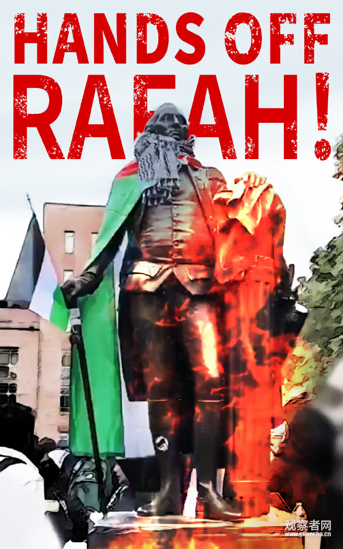 A statue of the American 'Founding Father' George Washington was draped with a Palestinian flag. #freepalestine #Gaza #HandsOffRafah 4月27日，美国“国父”乔治·华盛顿铜像被披上巴勒斯坦国旗，抗议者高喊：解放巴勒斯坦！