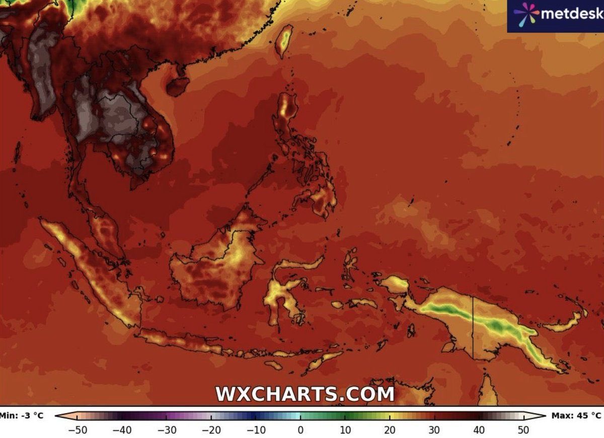 Human survivability at its absolute limit in #Asia: #Thailand, #Myanmar, #Cambodia, #Vietnam, and the #Philippines. All hit temperatures above 40°C, with some places experiencing an incredible life-threatening heat index of up to 52°C.