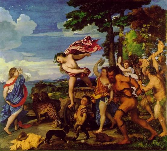 Bacchus/Dionysus & Princess Ariadne meet & #fallinlove at first sight. 
Her life seemed over - she had lost her homeland, her family & her lover - now she was reborn. #Dionysus #Ariadne #Titian #art #Bacchants #MayEve #Beltane #MayDay #walpurgisnight #danceparty #wild #fun