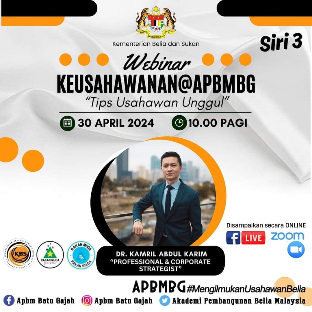 Jom Saksikan Secara LIVE!!

Webinar KEUSAHAWANAN@APBMBG Siri 3 - Tips Usahawan Unggul

facebook.com/share/v/YSgYeF…

Please Like & Share
Follow kami untuk mendapatkan maklumat terkini:

#TeamKBS
#TeamAPBMBG 
#JBSNbersama
#MengilmukanUsahawanBelia
#MalaysiaMADANI