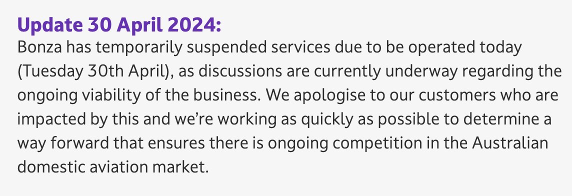 flightradar24's tweet photo. Australian carrier Bonza has suspended all flights while it attempts to determine the “ongoing viability of the business.” The airline has a fleet of 6 737-8 MAX, one of which is currently leased to Flair Airlines in Canada. https://t.co/iDZ7tdxDFx