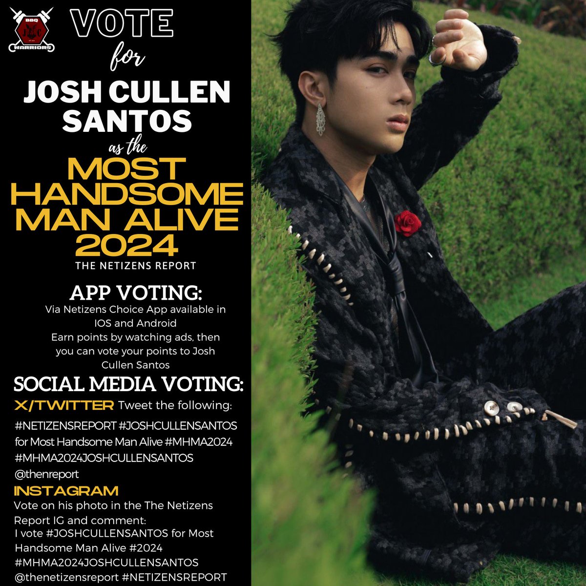 Dear BBQs! Let's continue to vote for Josh Cullen Santos as the Most Handsome Man Alive 2024 in the Netizens Report. How to vote: APP VOTE: IOS: apple.co/3DiK6t6 Android: bit.ly/3FzpT5k -Earn votes by watching ads, then you can vote your points to Josh…