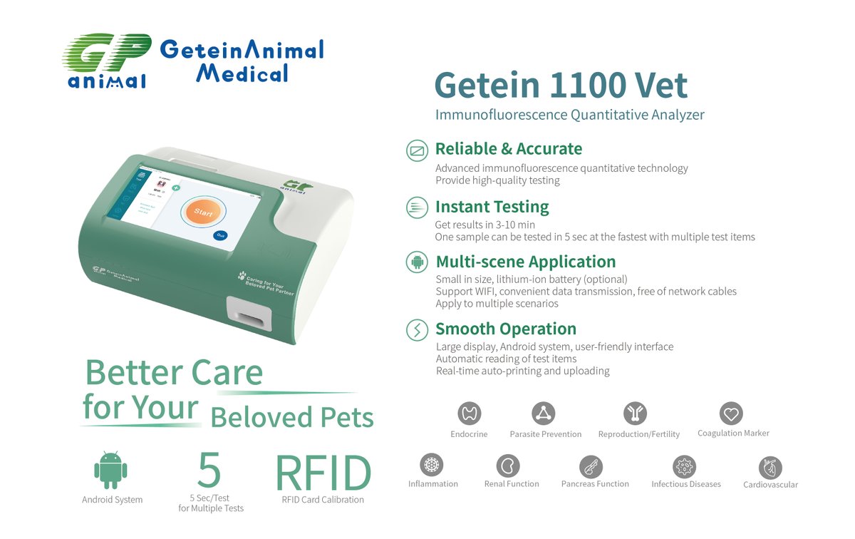😆Getein 1100 Vet Immunofluorescence Quantitative Analyzer is a compact and accurate POCT analyzer that can be used as a reliable aid in clinical diagnostics for pets. 
#Getein #Analyzer #Vet