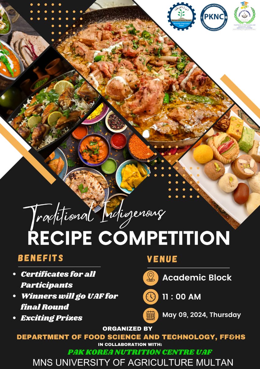 FSTMNSUA's tweet photo. Flavors of Tradition: South Punjab's Culinary Delights Take Center Stage
South Punjab Traditional Recipe Competition organized by Department of Food Science and Technology, FF&amp;HS will be at MNSUAM Academic Block on 9th May 2024 at 11:00 am https://t.co/Tki1iOKLqq