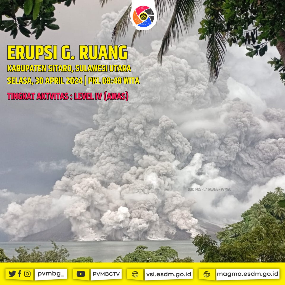 [ERUPSI G. RUANG, KABUPATEN SITARO, SULAWESI UTARA. 30 APRIL 2024) Rekomendasi radius bahaya erupsi G. Ruang diperluas sesuai rekomendasi Level IV (AWAS) terkini sebagai berikut: