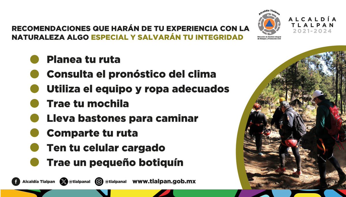 Si te gusta salir a la naturaleza 🦋 y hacer senderismo 🥾toma en cuenta las siguientes recomendaciones que #ProtecciónCivil 🦺 de #Tlalpan tiene para que puedas disfrutar a lo grande tu experiencia en los bosques 🌳 de nuestra demarcación.