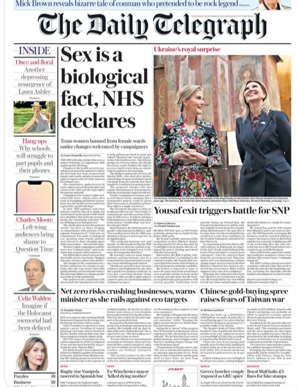 Portada de hoy 30/04/3024, @dailytelegraph EL SEXO ES UN HECHO BIOLÓGICO. Parece una perogruyada, pero hay que volver a lo básico para empezar a reconstruir nuestra confianza en las instituciones públicas. El 🇬🇧 ya ha empezado a hacerlo. Para cuando @osakidetzaEJGV @sanidadgob