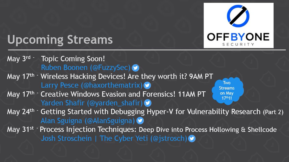 Steph3nSims's tweet image. Great streams coming up on the Off By One Security Channel from @FuzzySec, @haxorthematrix, @yarden_shafir, @AlanSguigna, @jstrosch, and more coming soon!!

Please let me know what additional topics you'd like to see? 

Join our Discord Server here: discord.gg/offbyonesecuri…