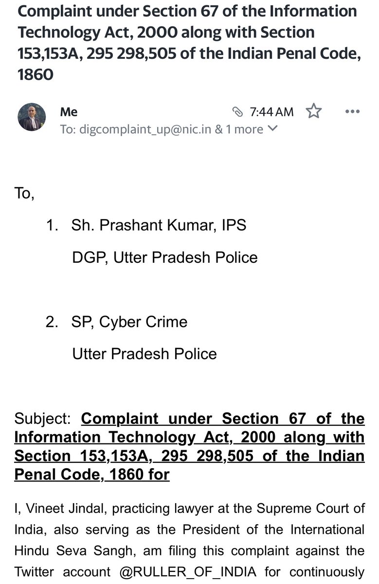 आज @dgpup से @RULLER_OF_INDIA नाम के एक्स अकाउंट पर शिकायत दर्ज करवा दी गई है।इस एक्स अकाउंट को चलाने वालो पर FIR दर्ज कर कारवाही की माँग की गई है। @dgpup से अग्रह है कारवाही कर समाज का सौहार्द बिगड़ने की मंशा रखने वाले पर FIR दर्ज कर जेल भिजवाए।
