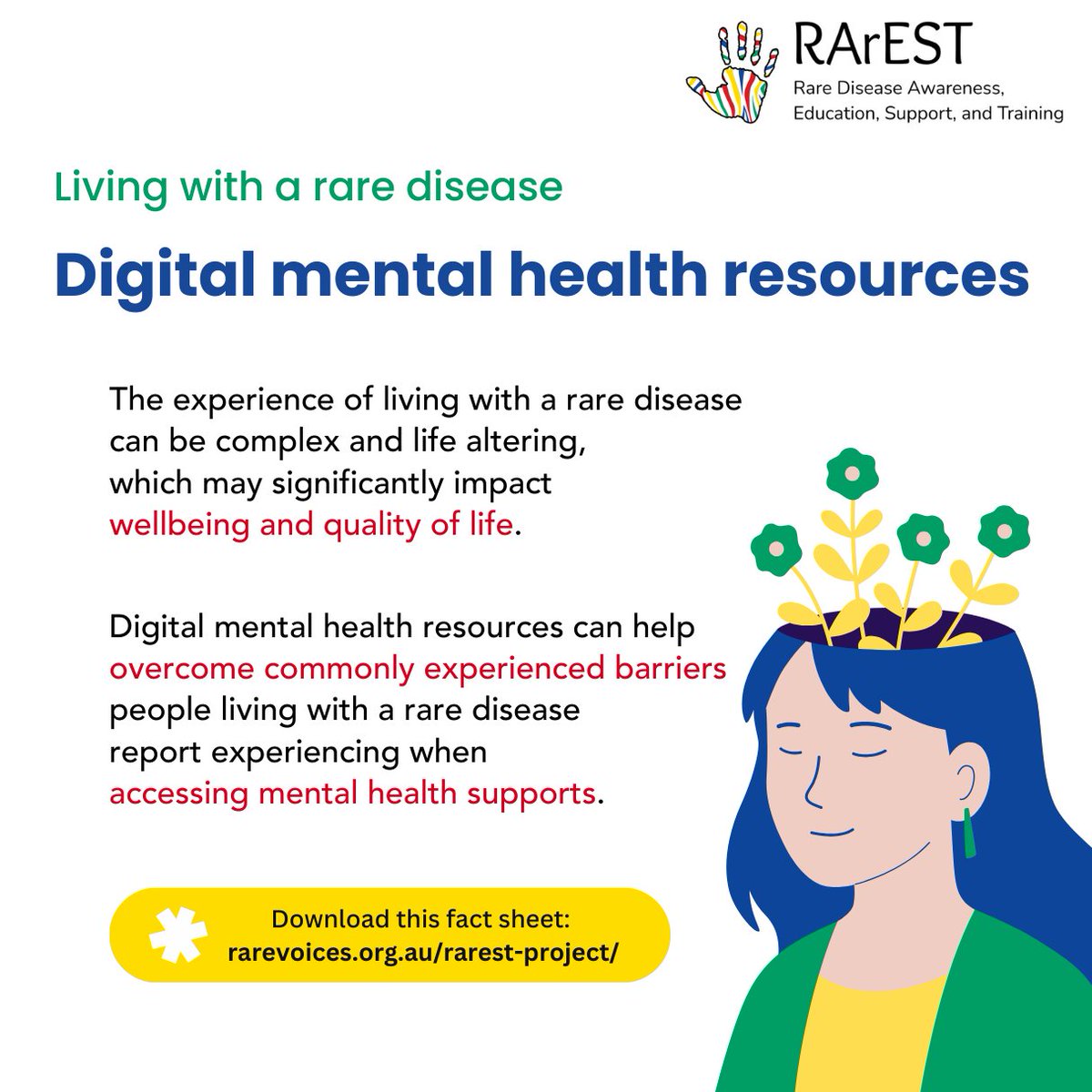 'Digital Mental Health Resources Fact Sheet' tailored for Australians living with rare diseases, their families, and caregivers. You can find credible information about digital mental health and services. Download now: rarevoices.org.au/rarest-project/